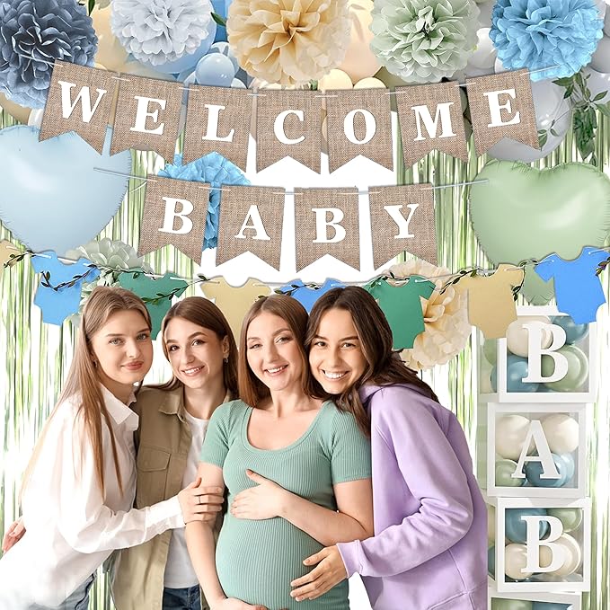 Blue Sage Green Baby Shower Decorations-Welcome Baby Boy Banner, Fringe Curtains, Paper Pompoms, Olive Green Dusty-blue Beige Cream Latex Balloon Décor For Boho Easter Jungle Baby Shower Blue Party