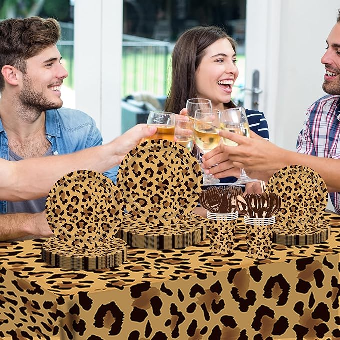 140PCS Leopard Print Party Decorations,Jungle Animal theme Decorations Include Tableware, Plate, Cup, Napkin, Cutlery, Animal Cheetah Print Birthday Party Supplies Serve 20