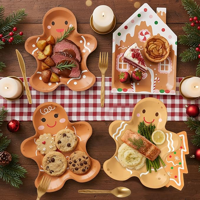 OuMuaMua 177Pcs Gingerbread Christmas Disposable Tableware Set,Gingerbread Man Paper Plates Christmas Tree Napkins Cups Banner Cutlery Dinnerware Set for Xmas Holiday Party Supplies Decor, Serves 25