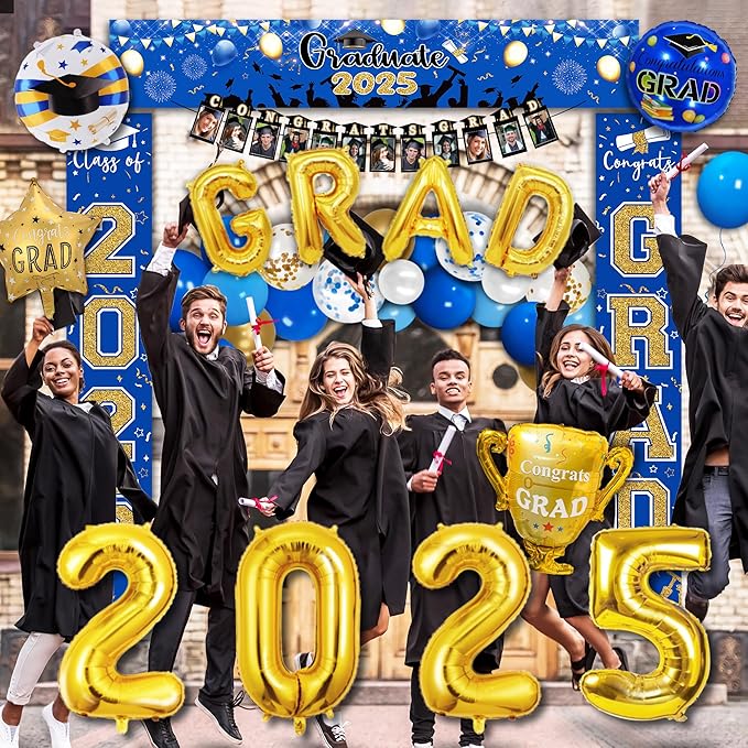 125 PCS Blue and Gold Graduation Party Decorations, 2025 Graduation Decorations, Class of 2025 Full Decor Set, Comgrats Grad Photo Banners, Tablecloth, Balloons, Cake Toppers