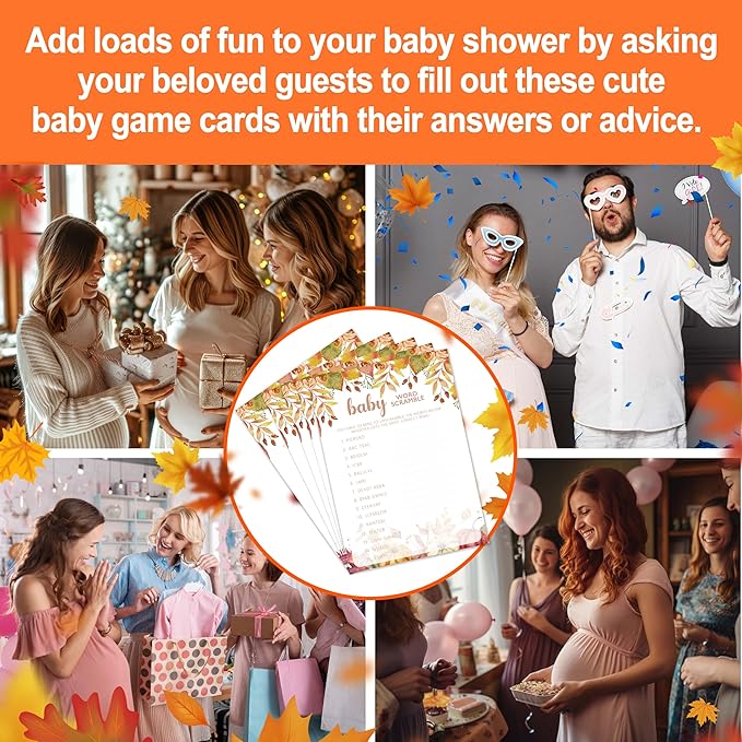 Baby Shower Games Cards, Autumn Word Scramble Game, Thanksgiving Boy or Girl Baby Gender Reveal Party Favors Decorations and Supplies, 25 Pcs Double-Sided - E07