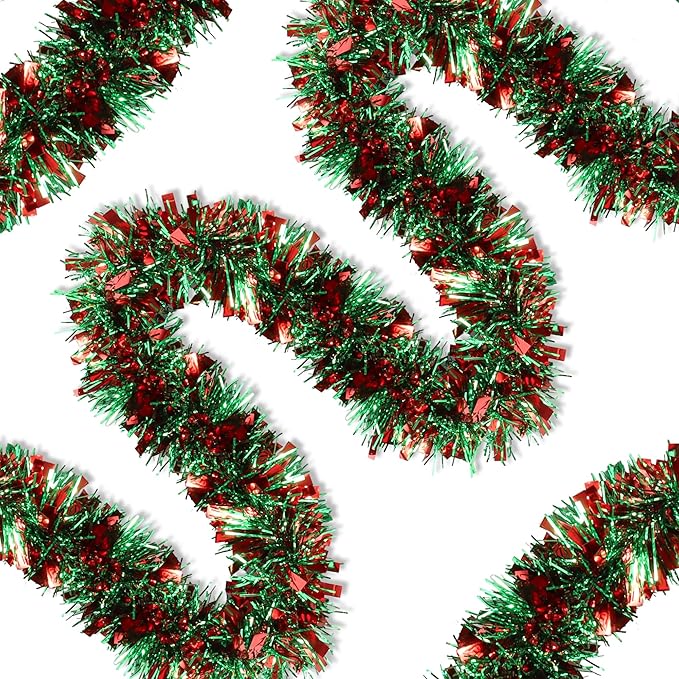 50 Ft Red & Green Christmas Tinsel Garland Metallic Twist Shiny Hanging Garland for Christmas Tree Decorations Xmas Holiday Decor for Home Indoor Outdoor Party Supplies (Red & Green)