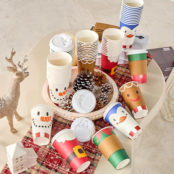 JOYIN 24 PCS Merry Christmas Disposable Paper Cups with Sleeves and Lids, 6 Designs Xmas Drinkware 16 oz, Snowflake Santa Elk Cups for Hot Coffee Cold Beverage Holiday Tableware Supplies Favors