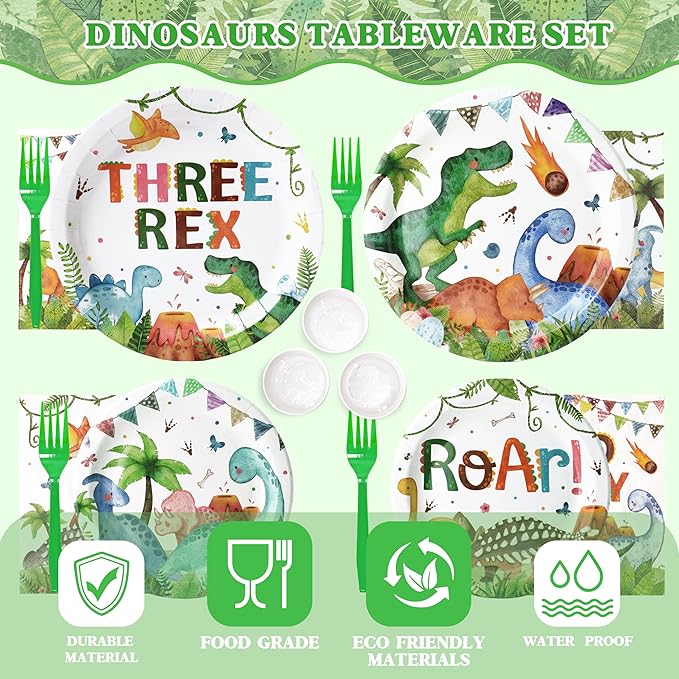 3rd Birthday Dinosaur Decorations Set - 197 Pcs Serves 24, 3-Rex Theme Kit with Tablecloth, Banner, Balloons Tableware & Cake Toppers