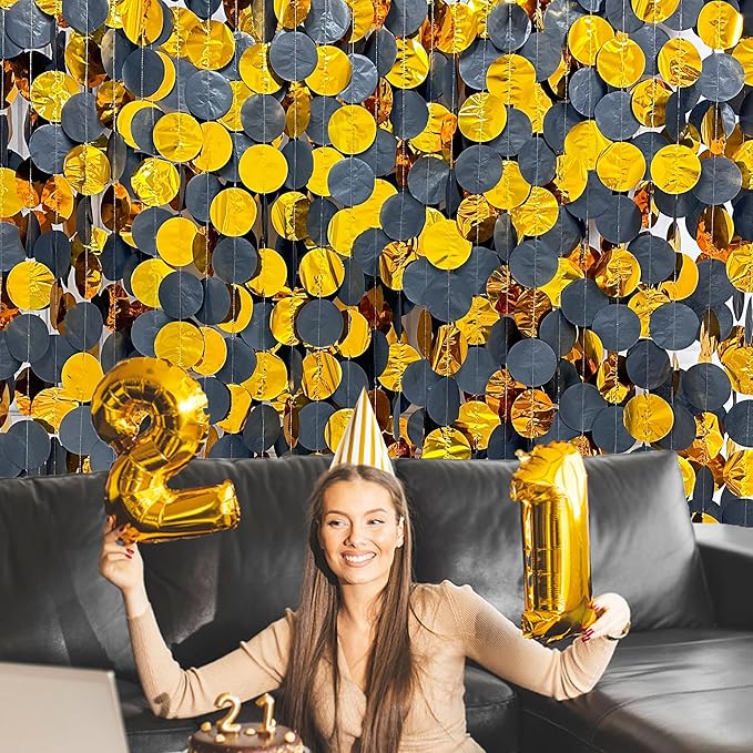 205Ft Black Gold Party Decorations Circle Dot Garland Backdrop Black Tissue Paper Gold Foil Polka Dot Streamer for Graduation Birthday Anniversary Halloween Christmas Holiday New Year Party Supplies