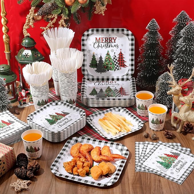 350 Pcs Christmas Party Supplies Christmas Tree Hanging Ball Party Tableware Set Square Paper Plates Disposable Napkins Cups Plastic Cutlery for Xmas Holiday Serves 50 Guests (Xmas Plaid Tree)