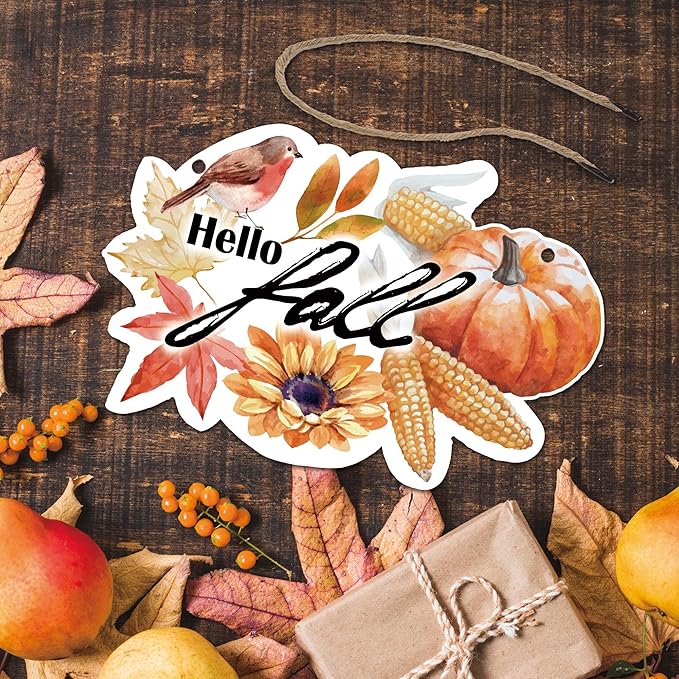 "Hello Fall" Wooden Hanging Sign - 10"Autumn Wood Hanging Decoration,Rustic Thanksgiving Decorative - Applicable Porch Home Wall Indoor Outdoor Decor Or Holiday Gifts For Friends And Family - A04