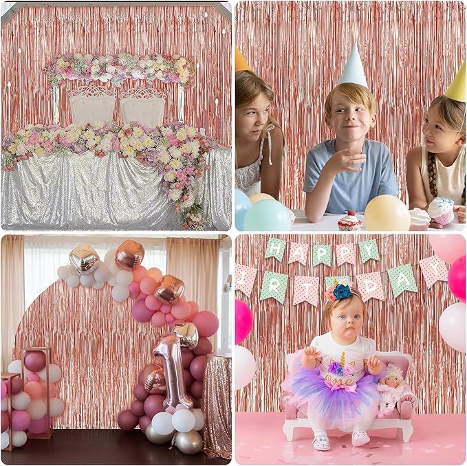 Crosize 7 Pack 3.3 x 9.9 ft Rose Gold Foil Fringe, Streamer Backdrop Curtains, Streamers Birthday Party Decorations, Tinsel Curtains for Parties, Photo Booth Backdrops
