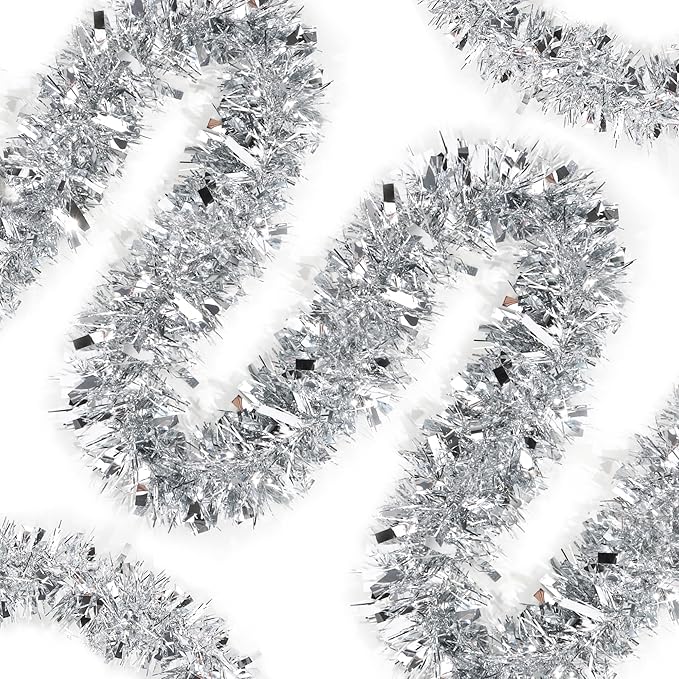 50FT Silver Christmas Tinsel Garland Metallic Twist Xmas Garland for Christmas Tree Decorations Holiday Hanging Garlands for Mantel Staircase Indoor Outdoor Home Office Class Party Holiday Decor
