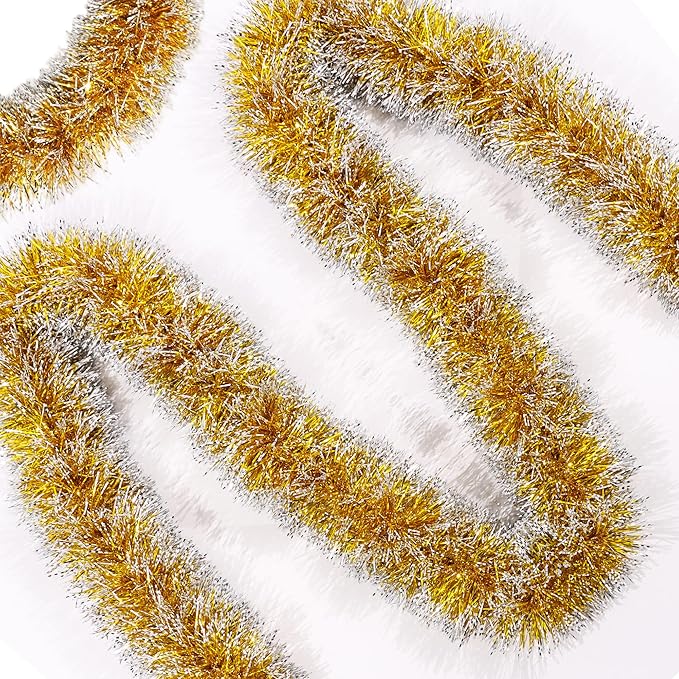 50FT Gold White Christmas Tinsel Garland, Metallic Twist Xmas Garlands for Christmas Tree Decorations, Holiday Hanging Garlands for Mantel Staircase Indoor Outdoor Home Office Party Holiday Decor