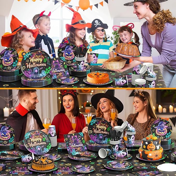 170 Pcs Halloween Birthday Party Decorations Set , Halloween Party Decorations Including Plates, Dessert Plates, Cups, Napkins, Spoons, Forks, Knives, Pull Tabs and Tablecloth Serves 24
