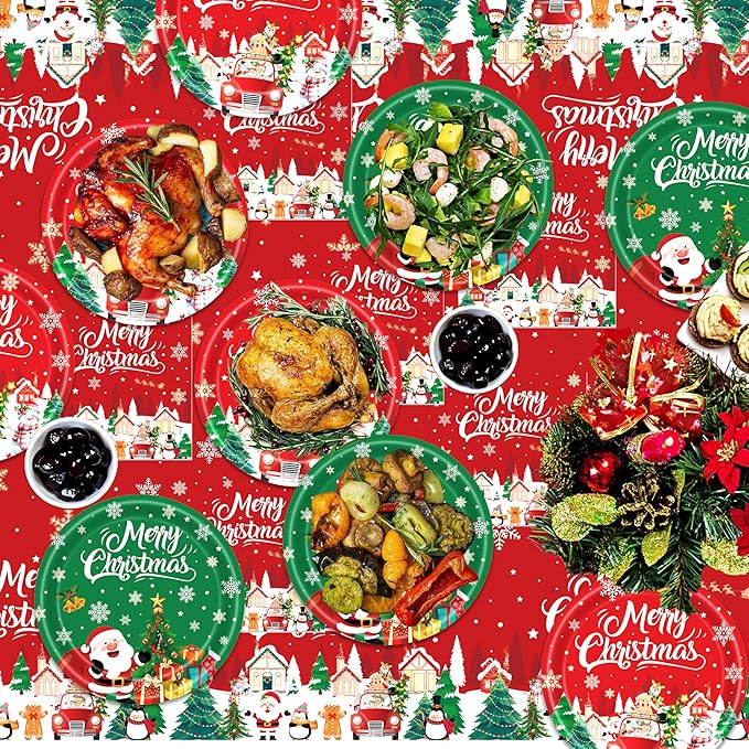 194PCS Christmas Party Supplies | Indoor Xmas Disposable Plates Napkins Cutlery Straws Banner Tablecloth Complete Christmas Party Decorations Set For Home Dinner Picnic Holiday Thanksgiving Serve 24