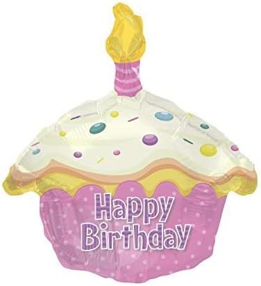 PMU Happy Birthday Pink Cupcake Shape 18 Inch Mylar-Foil Balloon Pkg/1