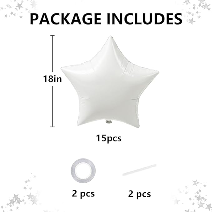 TONIFUL 15Pcs 18 Inch Large White Star Shape Foil Balloons Big White Stars Helium Mylar Ballons for Birthday Wedding Baby Shower Anniversary Engagement Party Decorations Supplies