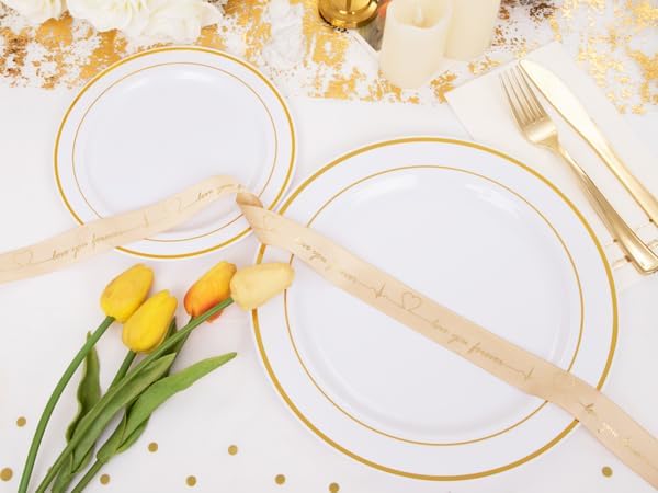 GATHER 176 Pieces Gold Dinnerware Disposable - White and Gold Plastic Plates Includes 50 Plates, 25 Plastic Silverware, 25 Napkins, 25 Cups and 1 Tablecloth for Wedding Party Christmas