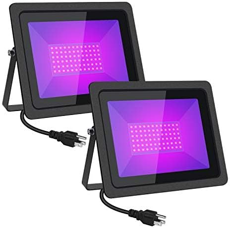 Black Lights 100W LED Flood Light with Plug(6ft Cable), IP66 Waterproof Black Lights for Party, Stage Lighting, Aquarium, Body Painting, Halloween, Neon Glow in The Dark (2 Pack)