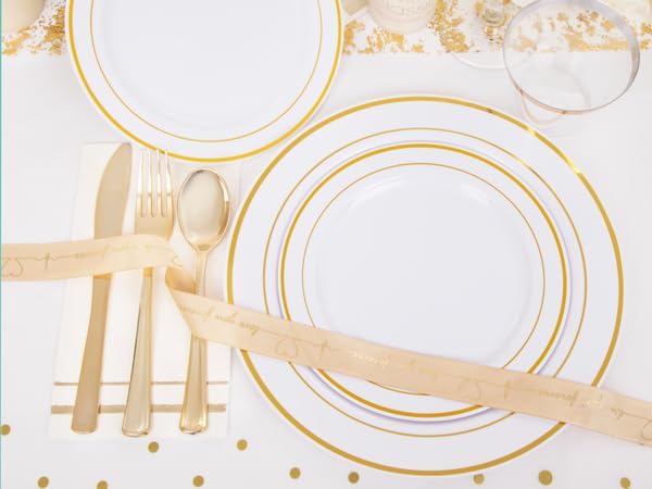GATHER 176 Pieces Gold Dinnerware Disposable - White and Gold Plastic Plates Includes 50 Plates, 25 Plastic Silverware, 25 Napkins, 25 Cups and 1 Tablecloth for Wedding Party Christmas