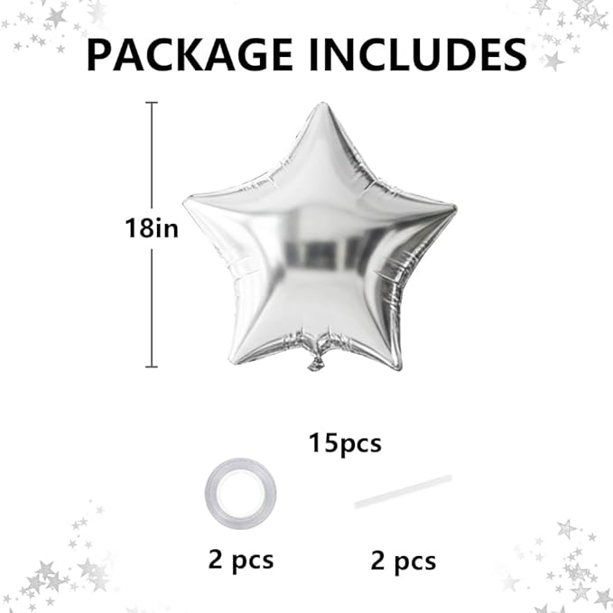TONIFUL 15Pcs 18 Inch Large Silver Star Shape Foil Balloons Big Silver Stars Helium Mylar Ballons for Birthday Wedding Baby Shower Anniversary Engagement Party Decorations Supplies