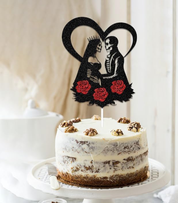Halloween Bride or Die Engagement Wedding Cake Topper, Halloween Wedding Decorations, Skull Silhouette Cake Topper Party Decorations Supplies Black & Red