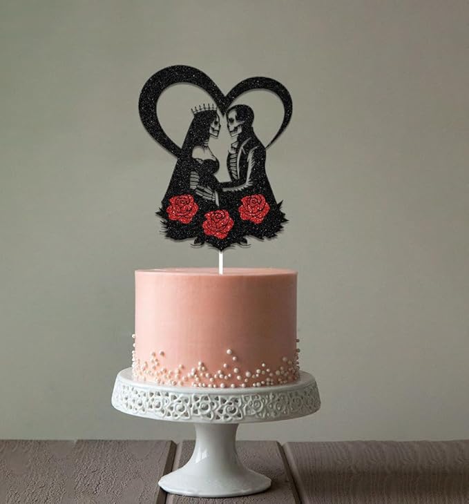 Halloween Bride or Die Engagement Wedding Cake Topper, Halloween Wedding Decorations, Skull Silhouette Cake Topper Party Decorations Supplies Black & Red