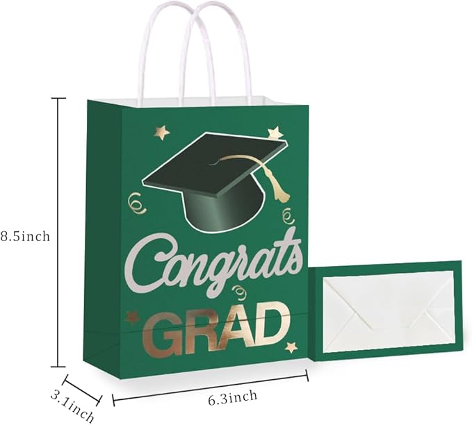 12 Pieces Graduate Gift Bags, Graduation Party Favor Gifts Wrapping Bags for Graduation Season Theme Party Supplies Decoration (Green Gold)