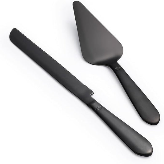Wedding Cake Knife and Server Set, Integral Stainless Steel Longer Cake Cutter and Wider Pie Spatula, Elegant Cake Cutting Serving Set for Party Birthday Bridal Shower Set of 2, Matte Black