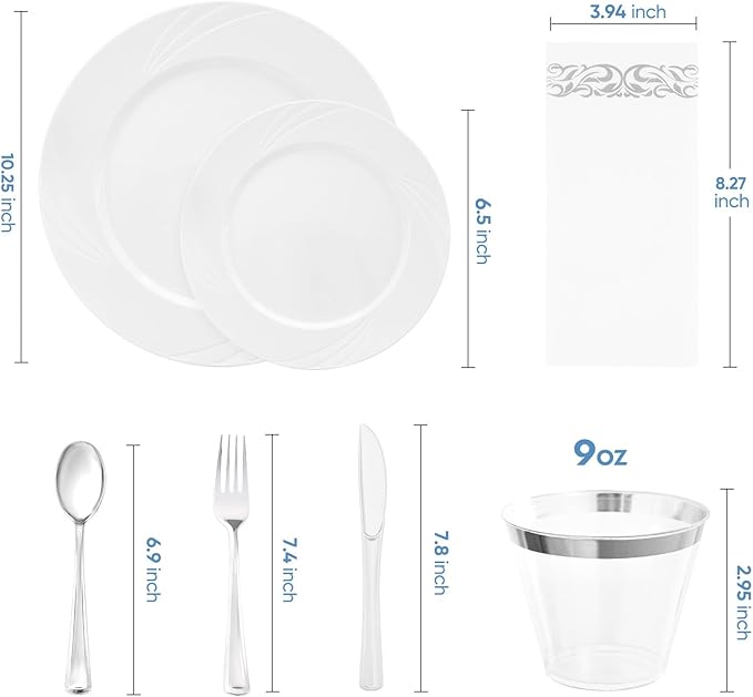 350-Piece White Swirls Plastic Dinnerware Set for 50 Guests, Elegant Disposable Dinnerware for Party, Wedding. Includes 10.25" Dinner Plates, 6.5" Dessert Plates, Silverware, Napkins, Cups