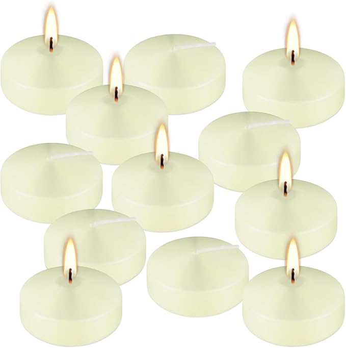 12 Pcs 2 - inch Floating Candles, Ivory, Smokeless and Unscented, Burns Continuously for 5-6 Hours, Be Good for Holidays, Weddings, Vacations, and Home Décor.