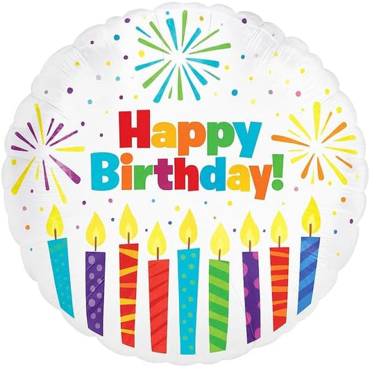 PMU 10 Pcs Happy Birthday Foil Balloons 18 inch Round Helium Floating Mylar Balloon with Multi-colored Candles Pattern Inflatable Balloons for Birthday Party Decorations Supplies
