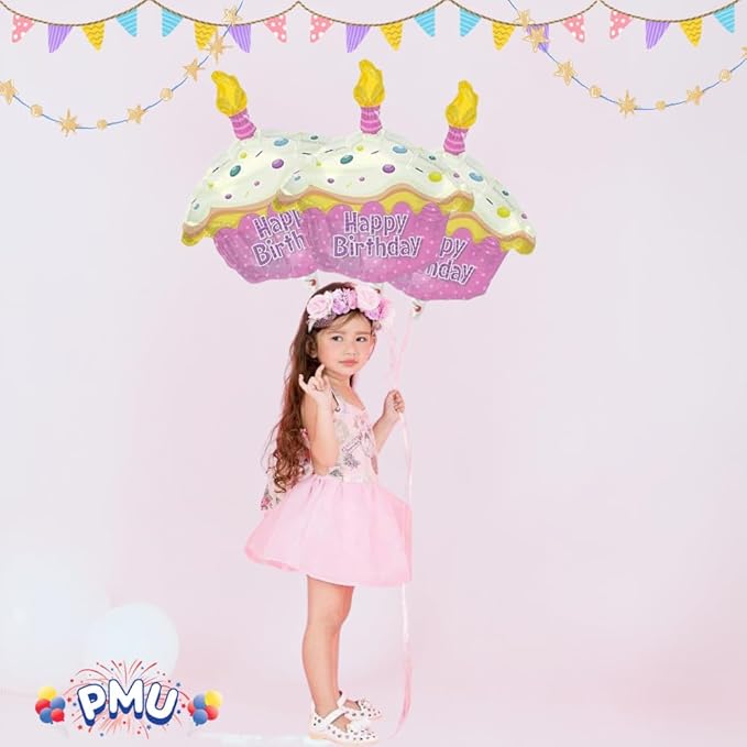 PMU Happy Birthday Pink Cupcake Shape 18 Inch Mylar-Foil Balloon Pkg/10