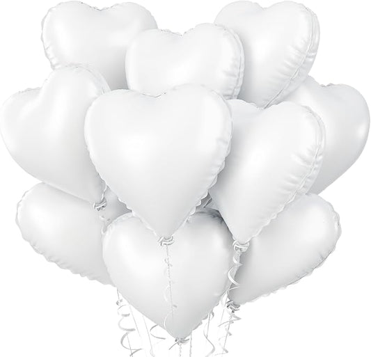 Biapian White Heart Balloons Helium, 10PCS White Foil Heart Shape Balloons Valentines 18inch Metallic White Foil Balloon for Helium Valentine Decorations for White Wedding, Brithday Party, Anniversary