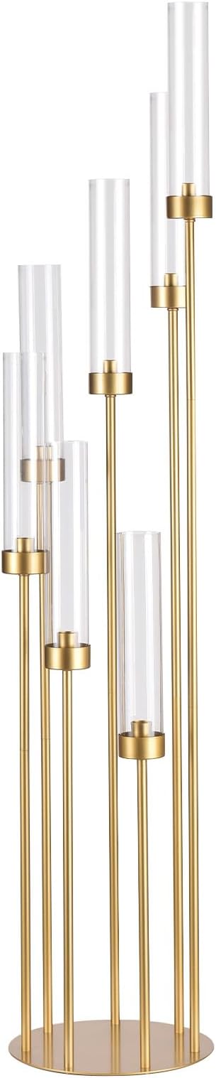 Acrylic Candelabra Centerpieces for Wedding,7 Arm Floor Candelabra with Lampshades Gold Centerpieces for Table Halloween Christmas Ceremony Dinner Party candelabros para centros de mesa(1PCS)