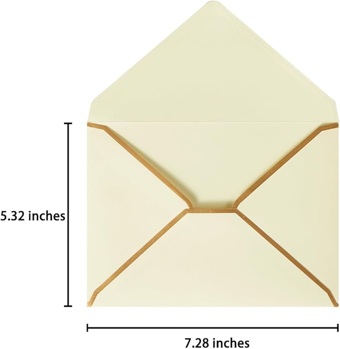 100 Pack A7 Envelopes 5 x 7 Card Envelopes V Flap with Gold Border for Office, Wedding Gift Cards, Invitations, Graduation, Baby Shower, Parties (Cream Color, 5.32 x 7.28 Inches)