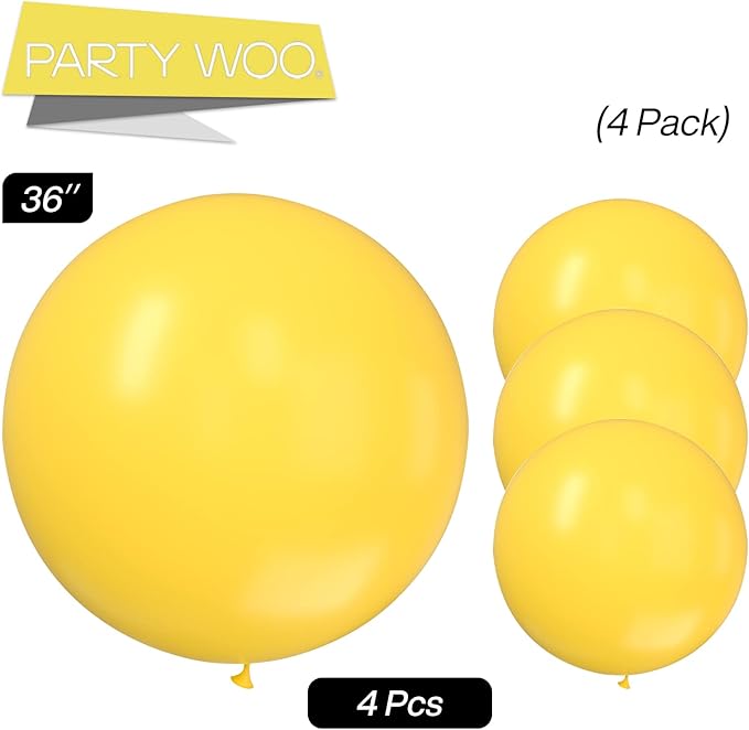 PartyWoo Yellow Balloons 4 pcs 36 Inch Large Big Jumbo Giant Matte Yellow Latex Helium Balloons for Easter Bee Baby Shower Gender Reveal Sunflower Graduation Birthday Party Decorations Yellow-Y55