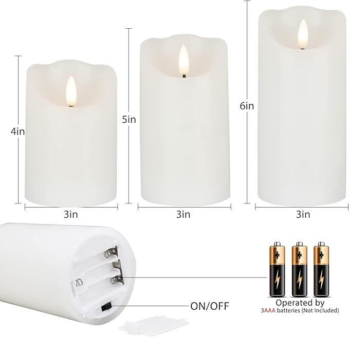 Flameless Candles with Remote, Battery Operated Wax LED Flickering Candles - Set of 3 (White) with Timer for Home Decor, Perfect for Christmas Party White