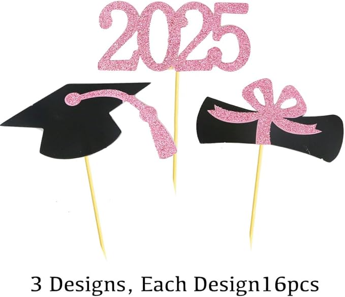 2025 Graduation Cupcake Toppers, 48 PCS Food/Appetizer Picks For Graduation Party Mini Cake Decorations, Diploma, 2025, Grad Cap Set 48 Pieces (06 Pink)