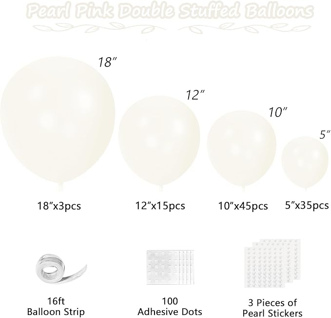 Pearl White Balloons With Pearl Stickers, 98PCS Pearl Standard White Double Stuffed Balloons Garland Arch Kit, 18/12/10/5 inch Different Size Balloons for Wedding Bridal Baby Shower Decorations