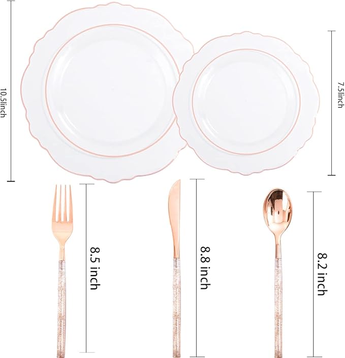 Liacere 150PCS Rose Gold Plastic Plates - Clear Rose Gold Disposable Plates with Glitter Bamboo Handle Cutlery - 60 Baroque Elegant Plates, 30 Forks, 30 Spoons, 30 Knives for Thanksging day&Chrismas
