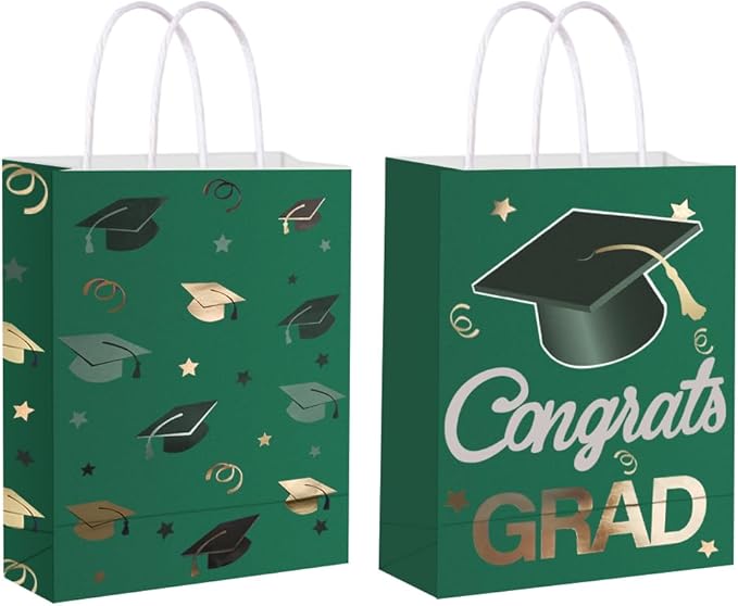 12 Pieces Graduate Gift Bags, Graduation Party Favor Gifts Wrapping Bags for Graduation Season Theme Party Supplies Decoration (Green Gold)
