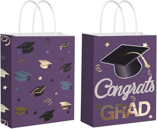 12 Pieces Graduate Gift Bags, Graduation Party Favor Gifts Wrapping Bags for Graduation Season Theme Party Supplies Decoration (Purple Gold)