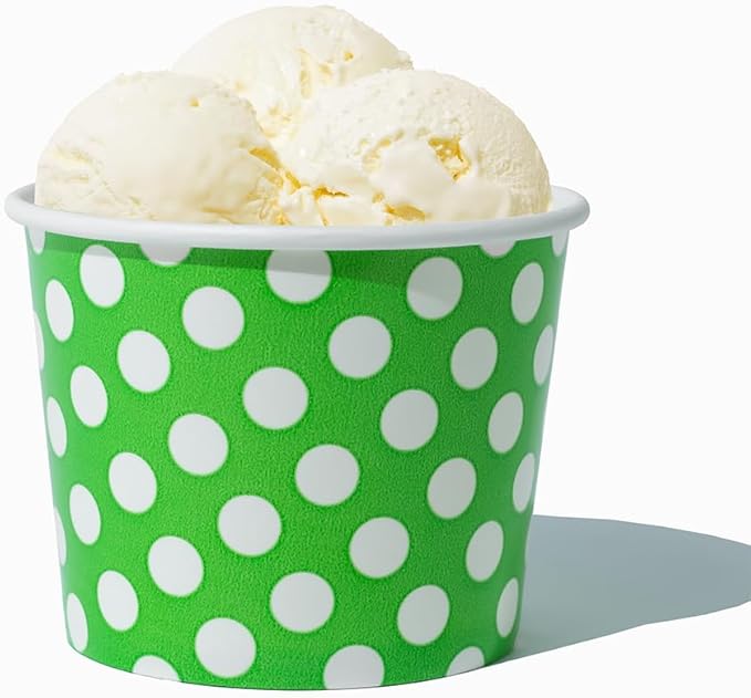 UNIQ 1000-Count 12 oz Polka Dot Paper Ice Cream Cups Green Color | Disposable Dessert Bowls for Weddings, Parties | Frozen Dessert Supplies