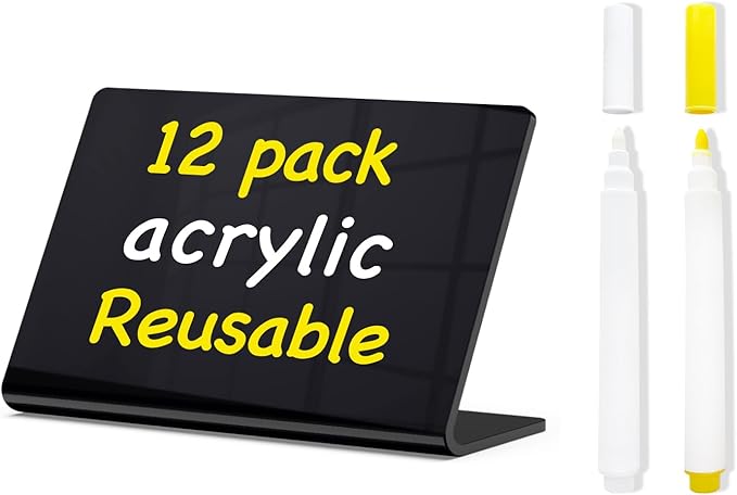 PigPotParty Acrylic Mini Chalkboard Signs for Outdoor Party Buffet, 12 Pcs 4"x3", Glossy Black Elegant Food Labels for Wedding, Table Signs, Place Cards, Include 2 Wet Erase Markers