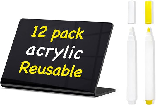 PigPotParty Acrylic Mini Chalkboard Signs for Outdoor Party Buffet, 12 Pcs 4"x3", Glossy Black Elegant Food Labels for Wedding, Table Signs, Place Cards, Include 2 Wet Erase Markers