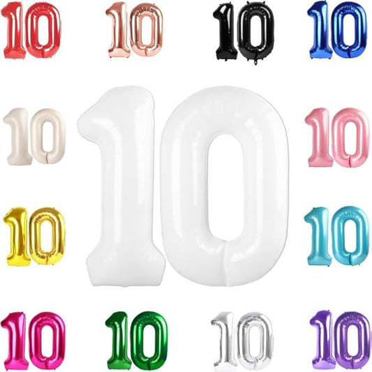 10 Balloon Number, White Number 10th Birthday Balloons 40 Inch, 10 Years Old White Birthday Decorations for Boys Girls, 10th Anniversary Decorations