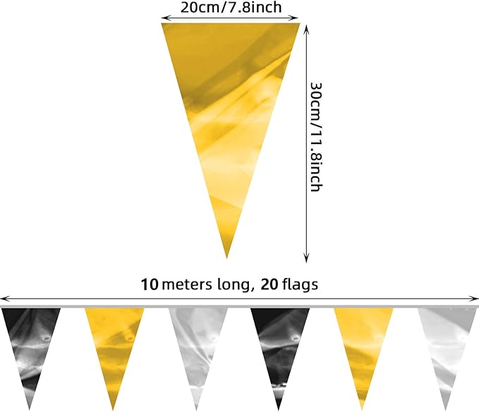 32.8FT Black Gold Silver Glitter Triangle Pennant Banner Flag Metallic Bunting Fabric Garland for Christmas Wall Hanging,Graduation, New Years Decorations,Father' Da Decorations Party Decor