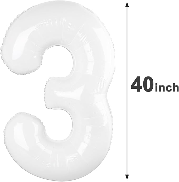 40 Inch White 3 Large Number Balloon, 3 13 23 30 33 36 White Birthday Party Decorations, Number Three Foil Balloons for Anniversary Party Graduations Celebration Supplies