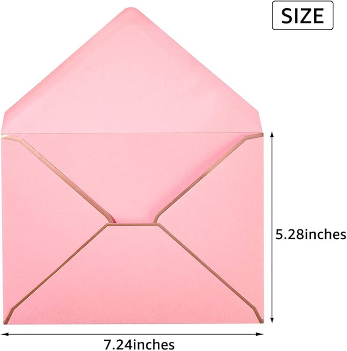 100 Pack A7 Envelopes 5 x 7 Card Envelopes V Flap with Gold Border for Office, Wedding Gift Cards, Invitations, Graduation, Baby Shower, Parties (Pink, 5.32 x 7.28 Inches)
