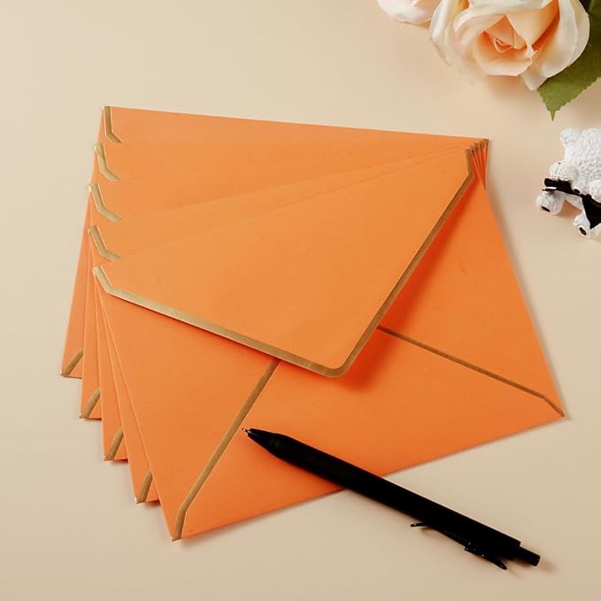 100 Pack A7 Envelopes 5 x 7 Card Envelopes V Flap with Gold Border for Office, Wedding Gift Cards, Invitations, Graduation, Baby Shower, Parties (Dark Orange, 5.32 x 7.28 Inches)