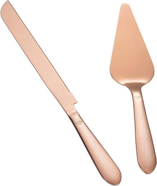 Wedding Cake Knife and Server Set, Integral Stainless Steel Longer Cake Cutter and Wider Pie Spatula, Elegant Cake Cutting Serving Set for Party Birthday Christmas Bridal Shower Set of 2, Rose Gold
