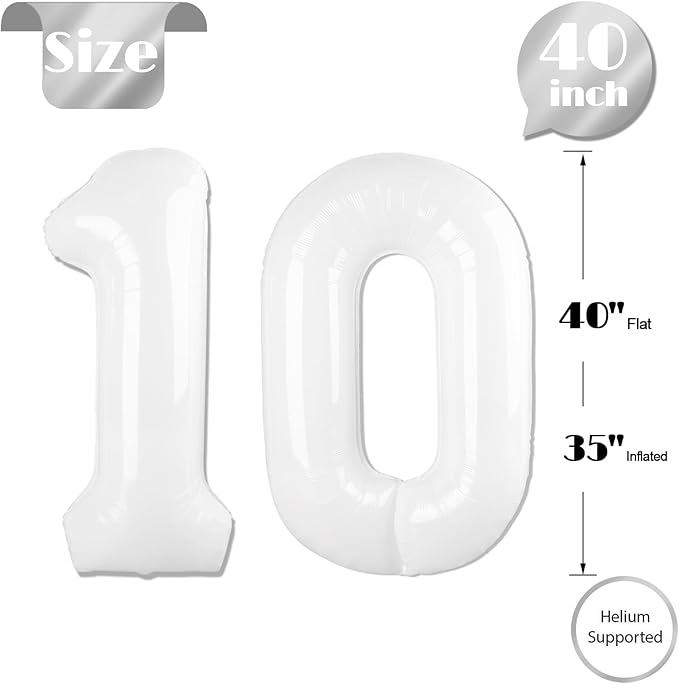 10 Balloon Number, White Number 10th Birthday Balloons 40 Inch, 10 Years Old White Birthday Decorations for Boys Girls, 10th Anniversary Decorations